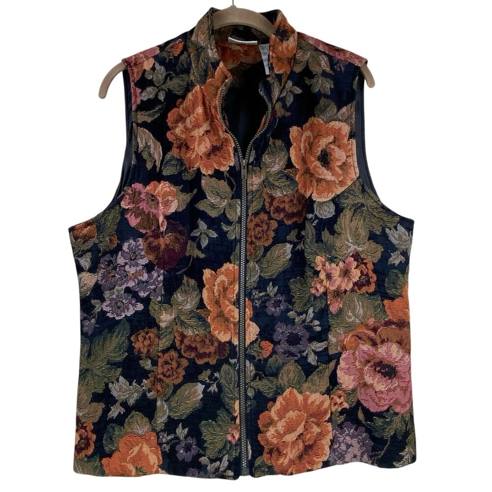 Vintage Floral Tapestry Vest Size XL Zip Boho Festival Granny